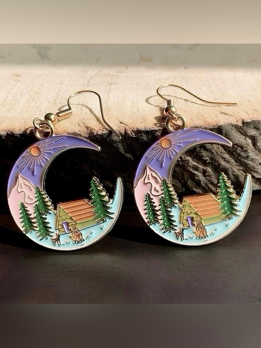 Wanderlust Boho Moon Adventure Colorful Pastel Camping Gold Tone Dangle Earrings